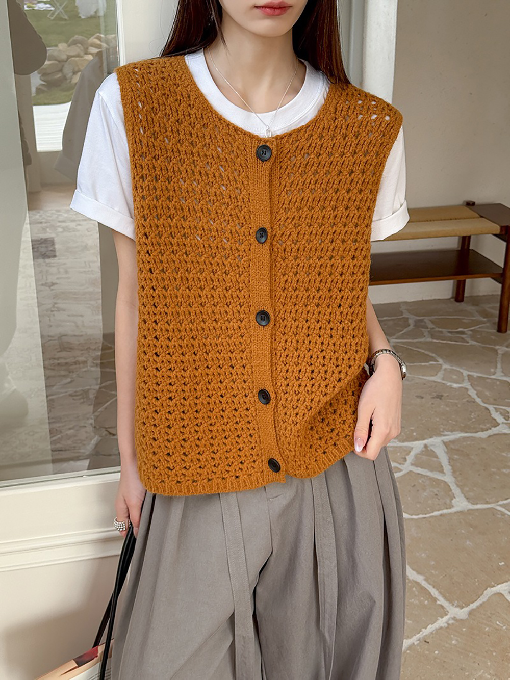 鏤空針織圓領背心,evaviva,8C-GW7436,鏤空針織圓領背心,領500,999免運