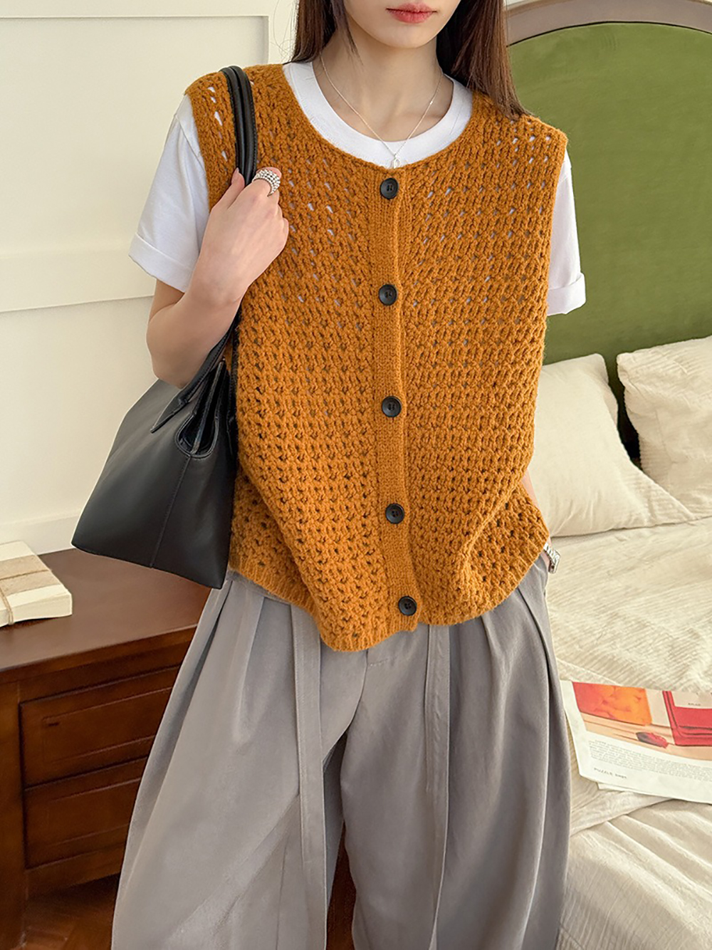 鏤空針織圓領背心,evaviva,8C-GW7436,鏤空針織圓領背心,領500,999免運