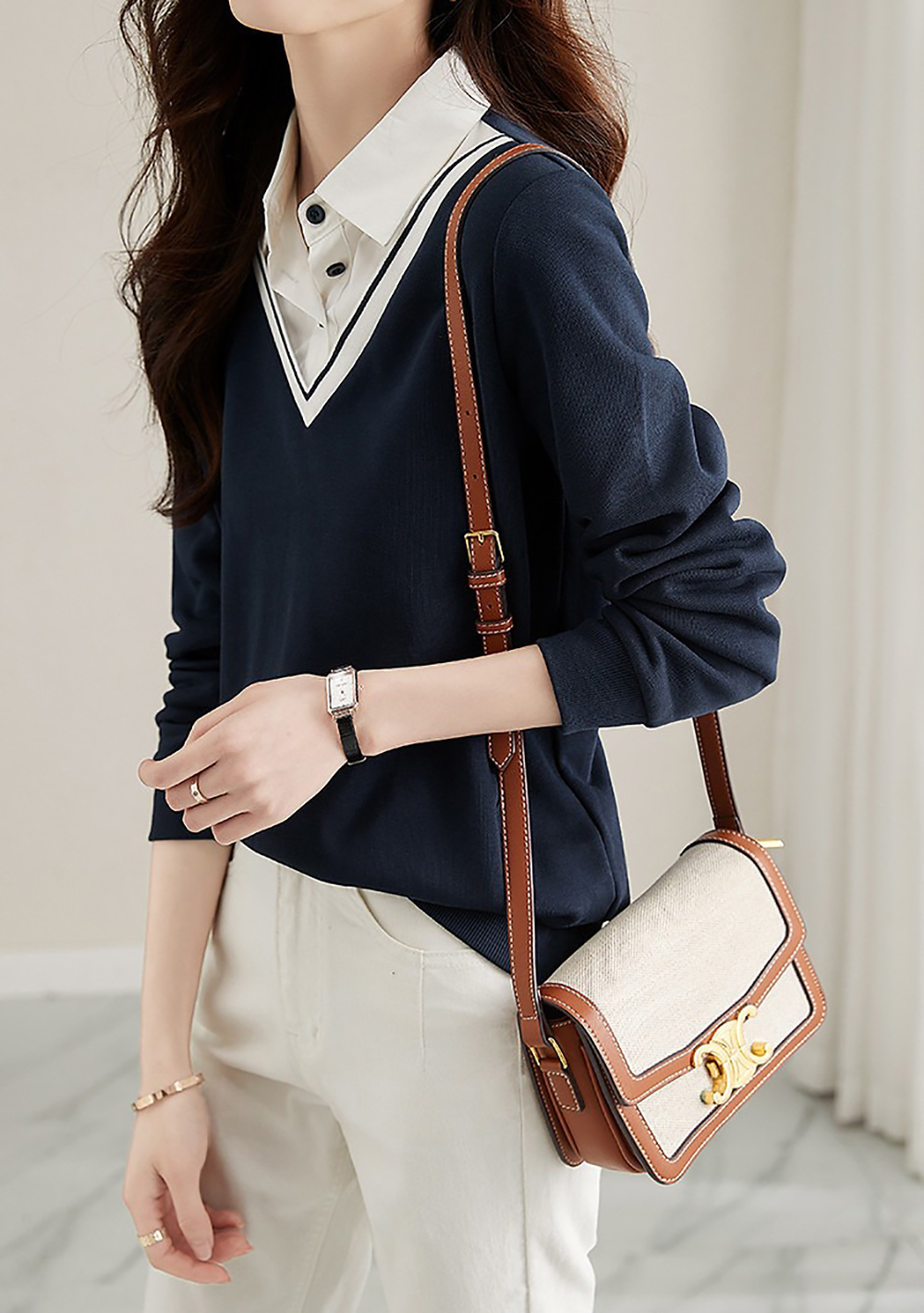 假兩件撞色拼接上衣,evaviva,8C-GY7435,假兩件撞色拼接上衣,領500,999免運