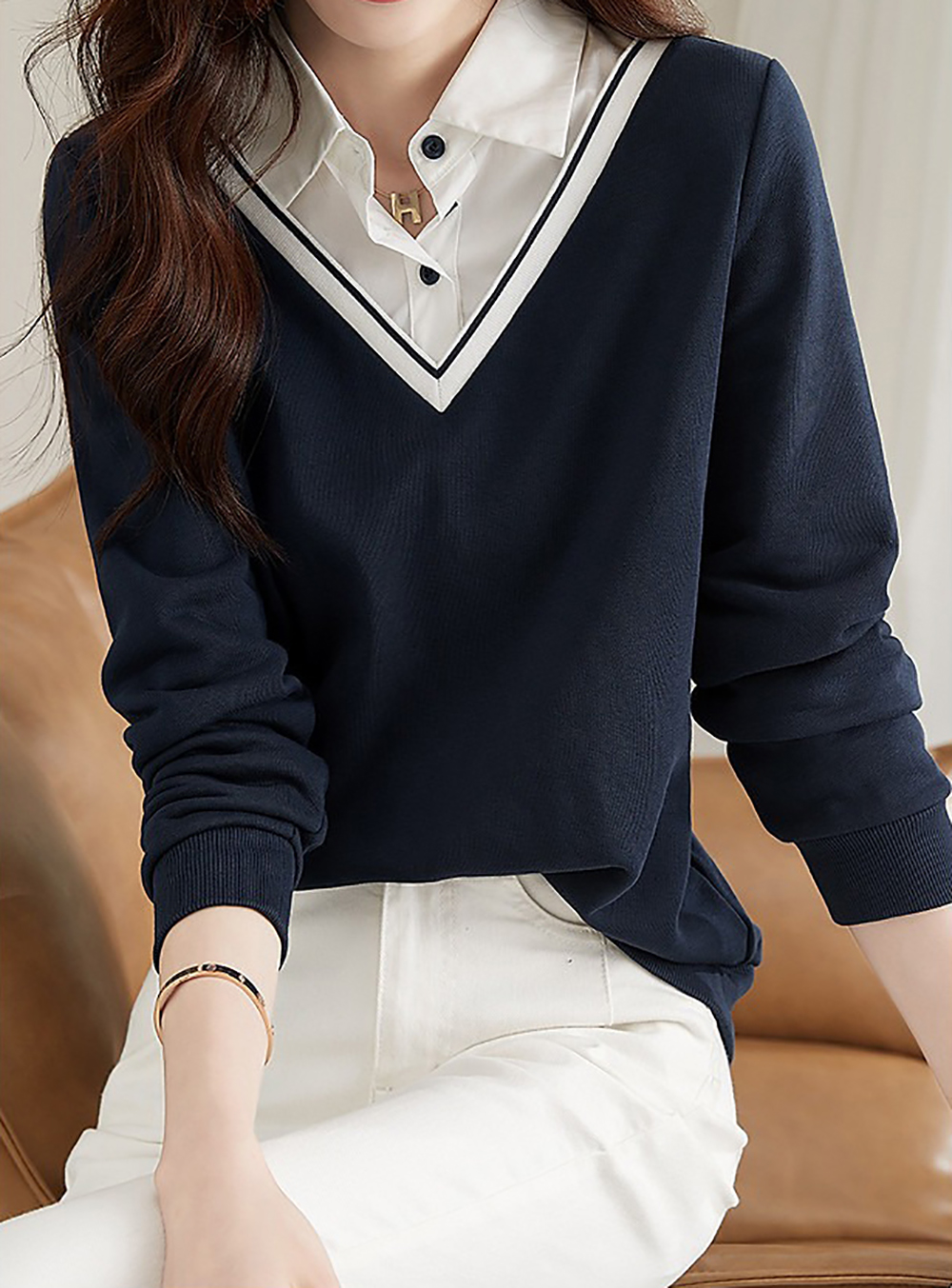 假兩件撞色拼接上衣,evaviva,8C-GY7435,假兩件撞色拼接上衣,領500,999免運