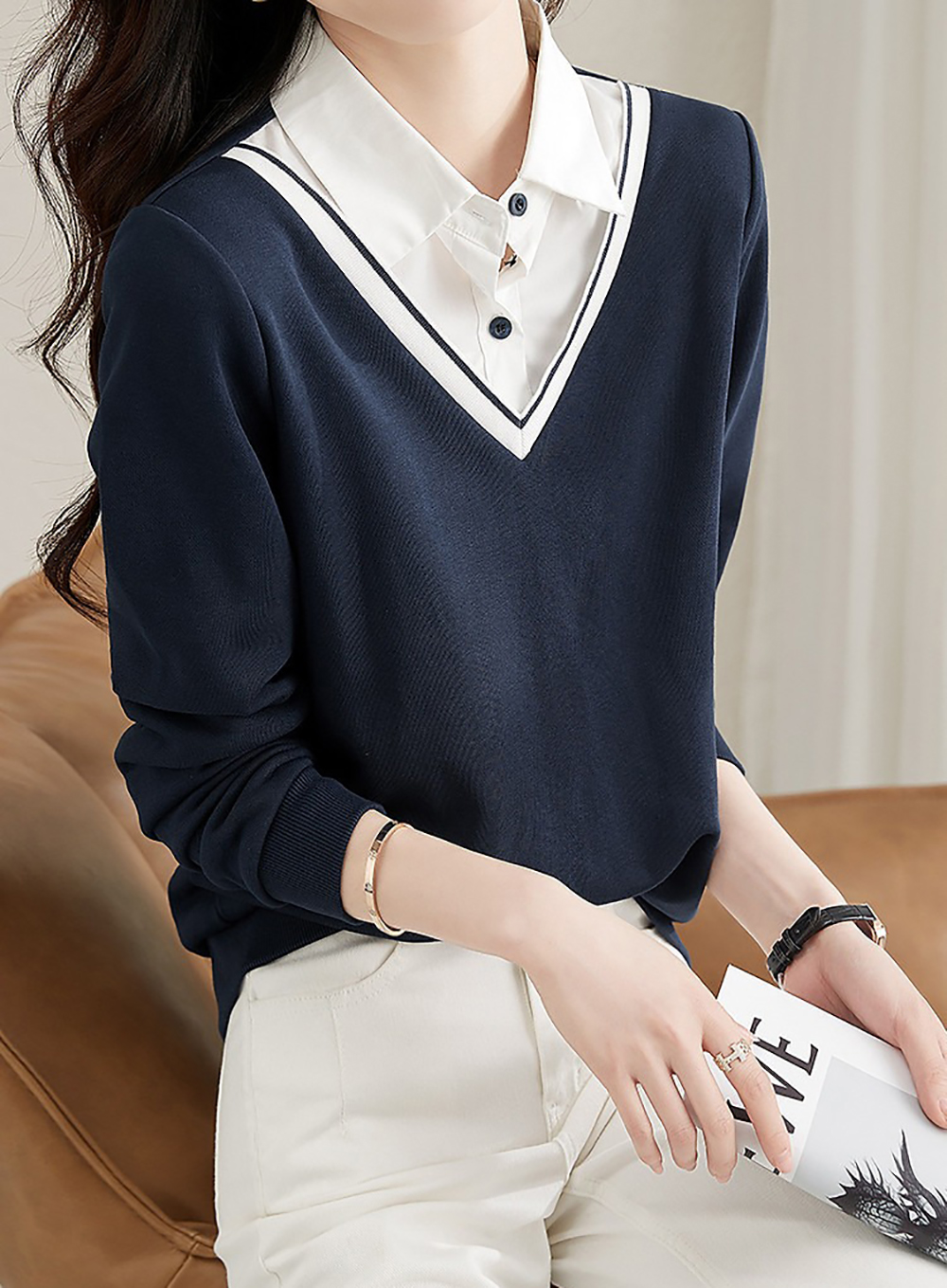 假兩件撞色拼接上衣,evaviva,8C-GY7435,假兩件撞色拼接上衣,領500,999免運