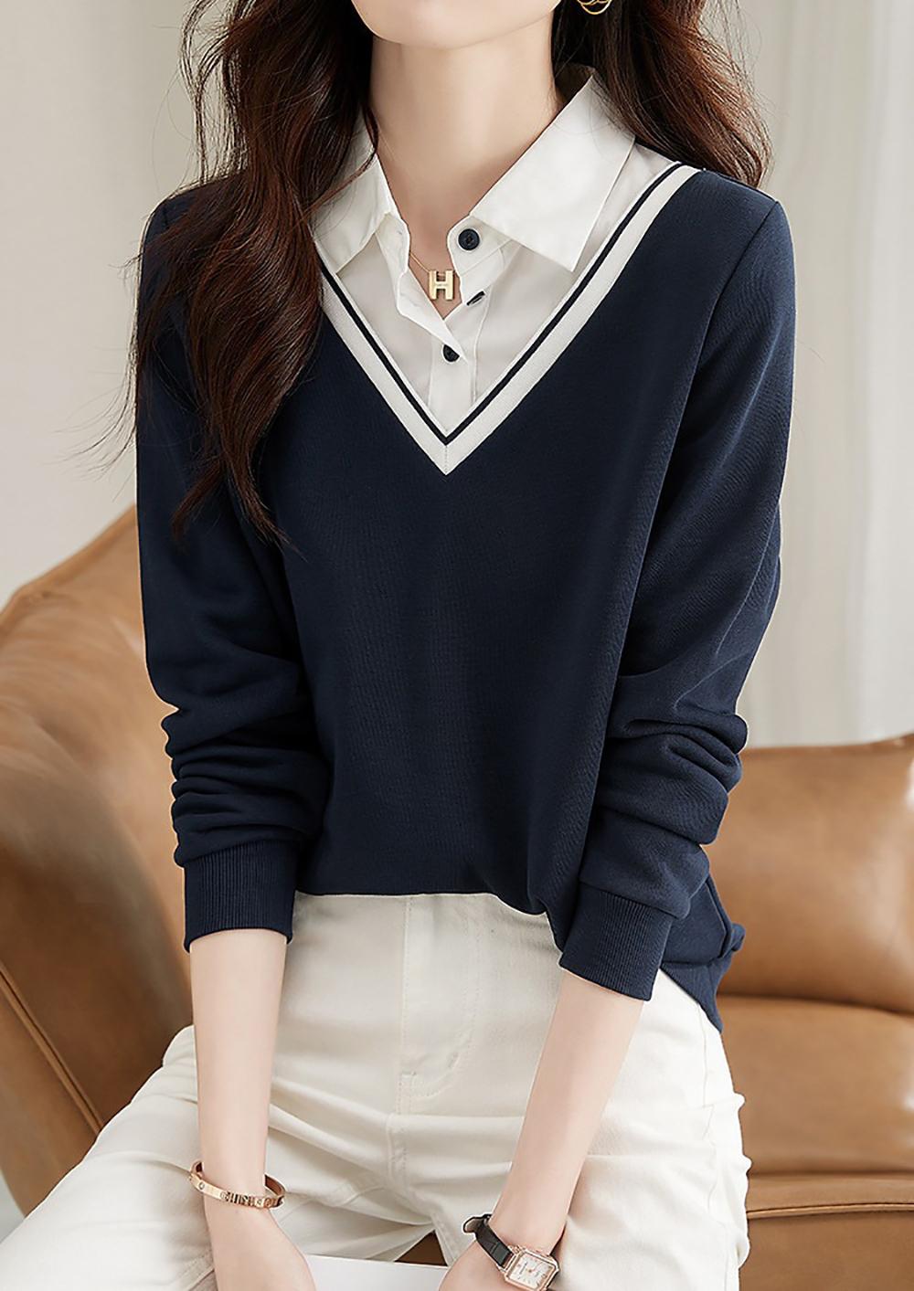 假兩件撞色拼接上衣,evaviva,8C-GY7435,假兩件撞色拼接上衣,領500,999免運