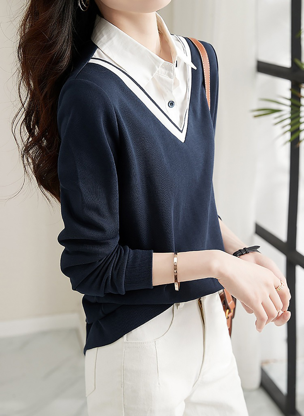 假兩件撞色拼接上衣,evaviva,8C-GY7435,假兩件撞色拼接上衣,領500,999免運