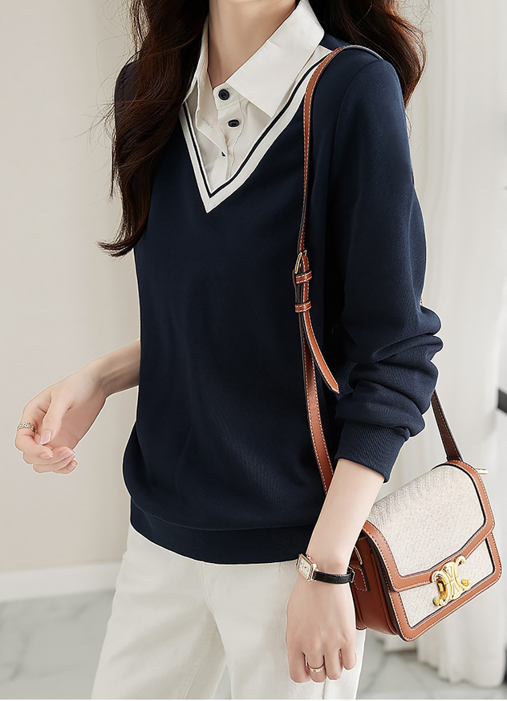 假兩件撞色拼接上衣,evaviva,8C-GY7435,假兩件撞色拼接上衣,領500,999免運