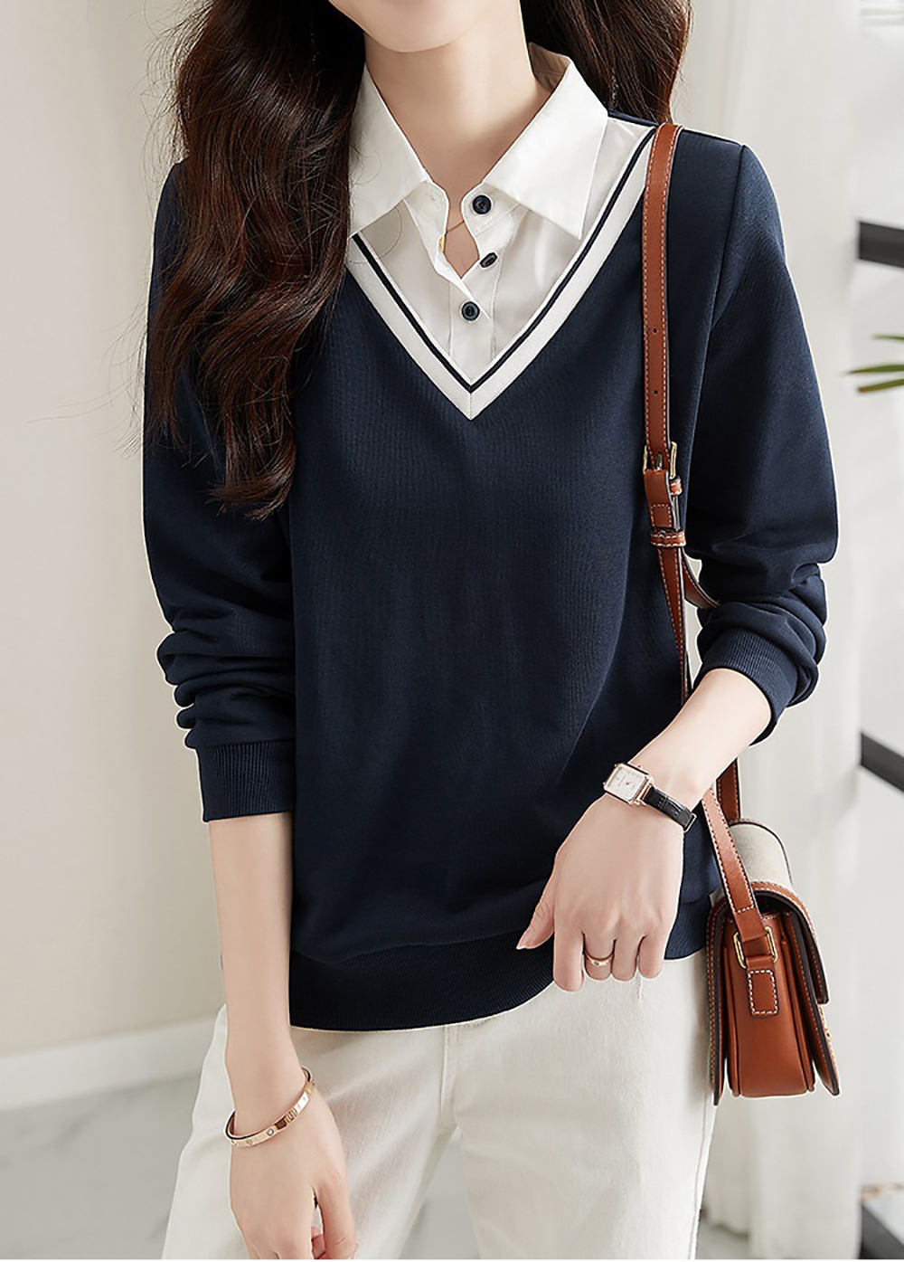 假兩件撞色拼接上衣,evaviva,8C-GY7435,假兩件撞色拼接上衣,領500,999免運