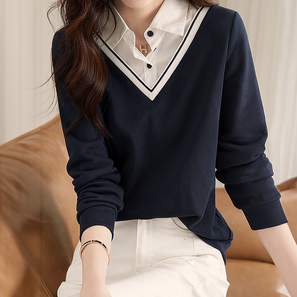 假兩件撞色拼接上衣