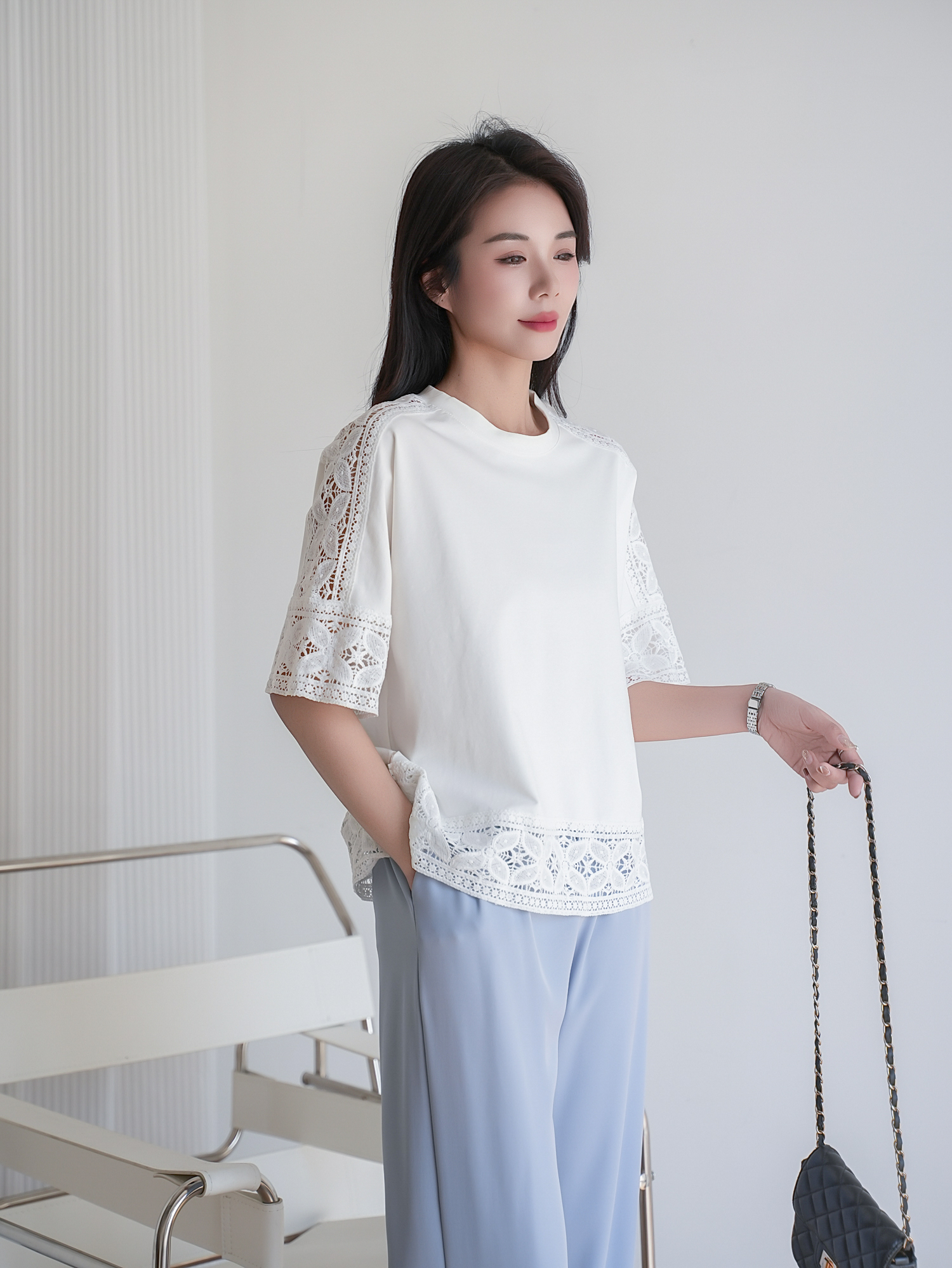 鏤空蕾絲五分袖上衣,evaviva,8C-MV7437,鏤空蕾絲五分袖上衣,領500,999免運