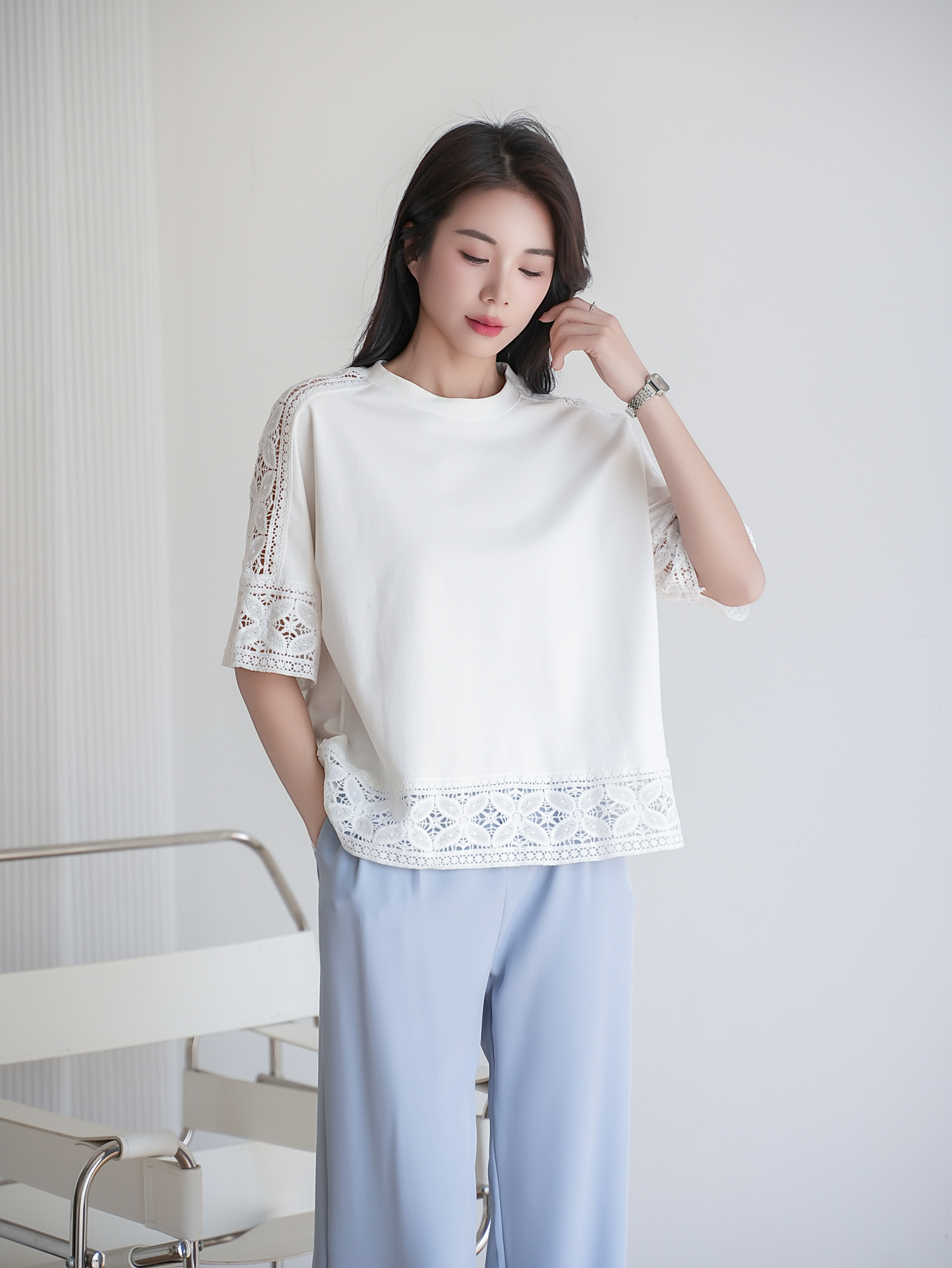 鏤空蕾絲五分袖上衣,evaviva,8C-MV7437,鏤空蕾絲五分袖上衣,領500,999免運