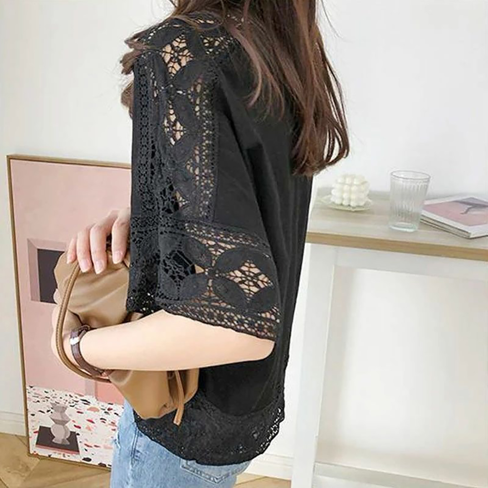 鏤空蕾絲五分袖上衣,evaviva,8C-MV7437,鏤空蕾絲五分袖上衣,領500,999免運