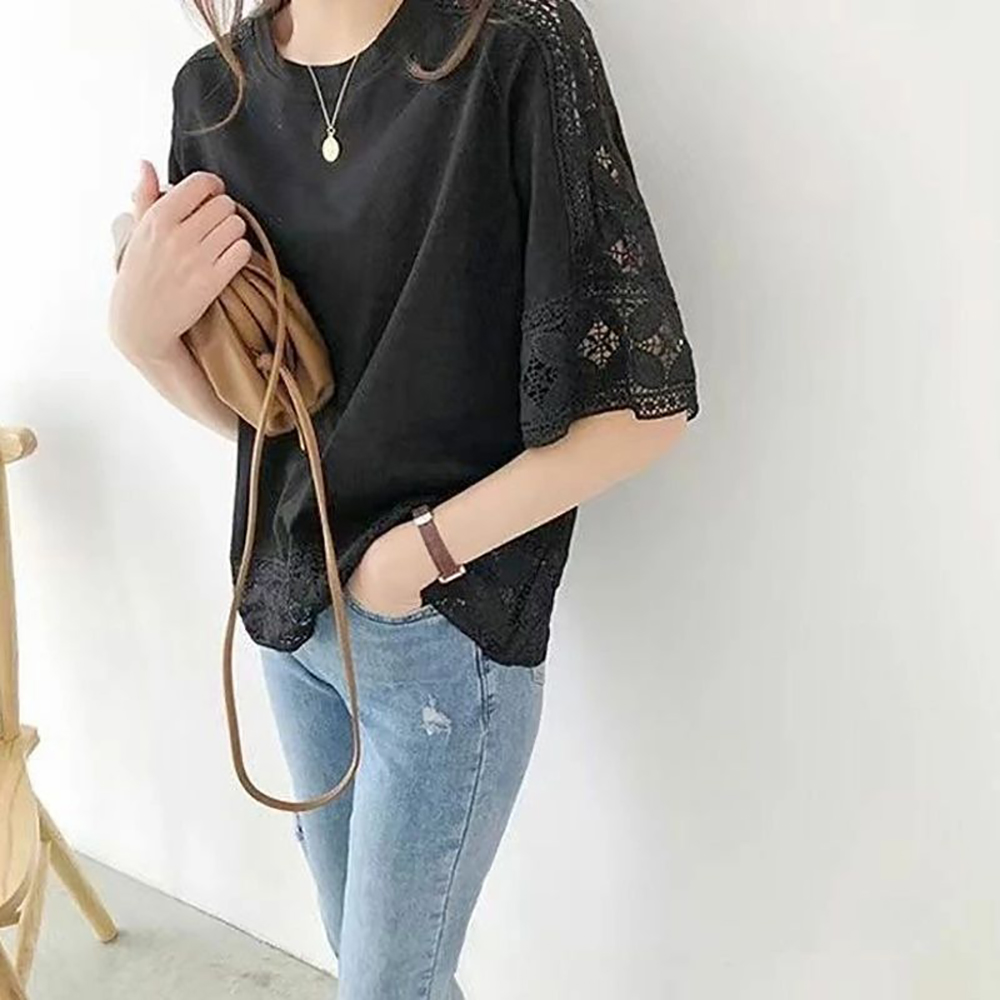 鏤空蕾絲五分袖上衣,evaviva,8C-MV7437,鏤空蕾絲五分袖上衣,領500,999免運