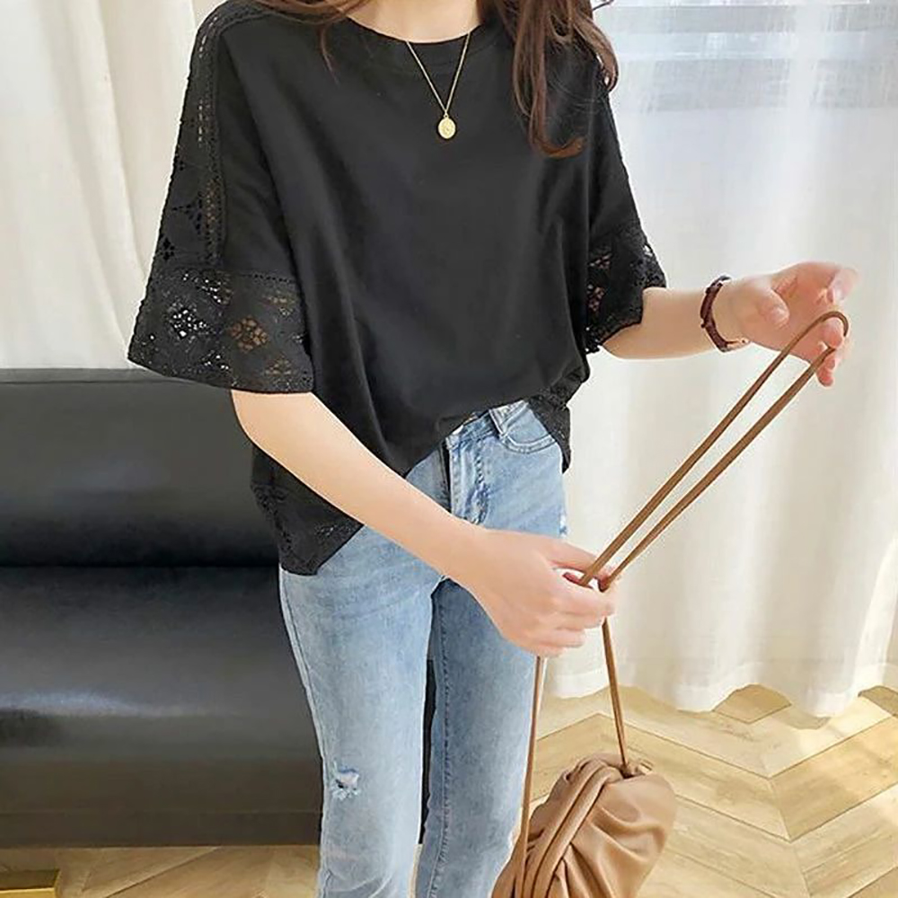 鏤空蕾絲五分袖上衣,evaviva,8C-MV7437,鏤空蕾絲五分袖上衣,領500,999免運