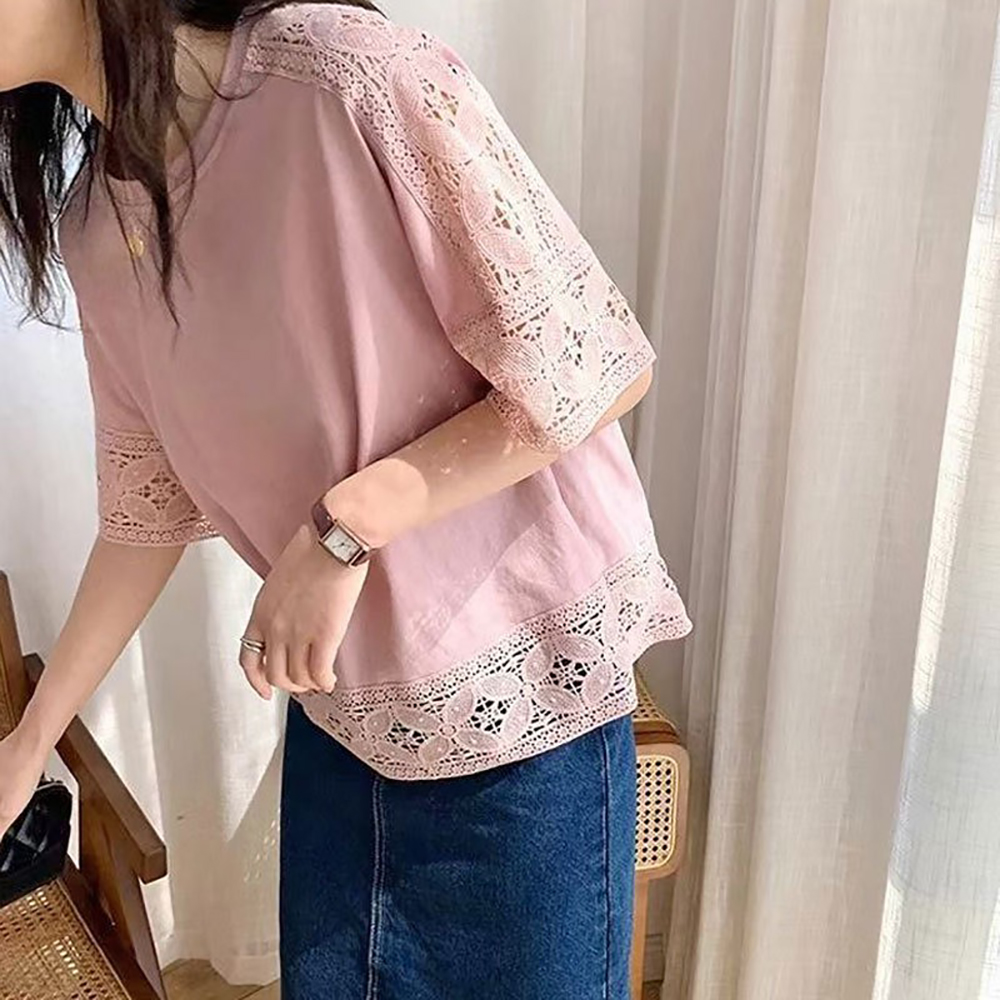 鏤空蕾絲五分袖上衣,evaviva,8C-MV7437,鏤空蕾絲五分袖上衣,領500,999免運