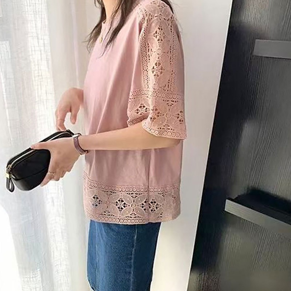 鏤空蕾絲五分袖上衣,evaviva,8C-MV7437,鏤空蕾絲五分袖上衣,領500,999免運