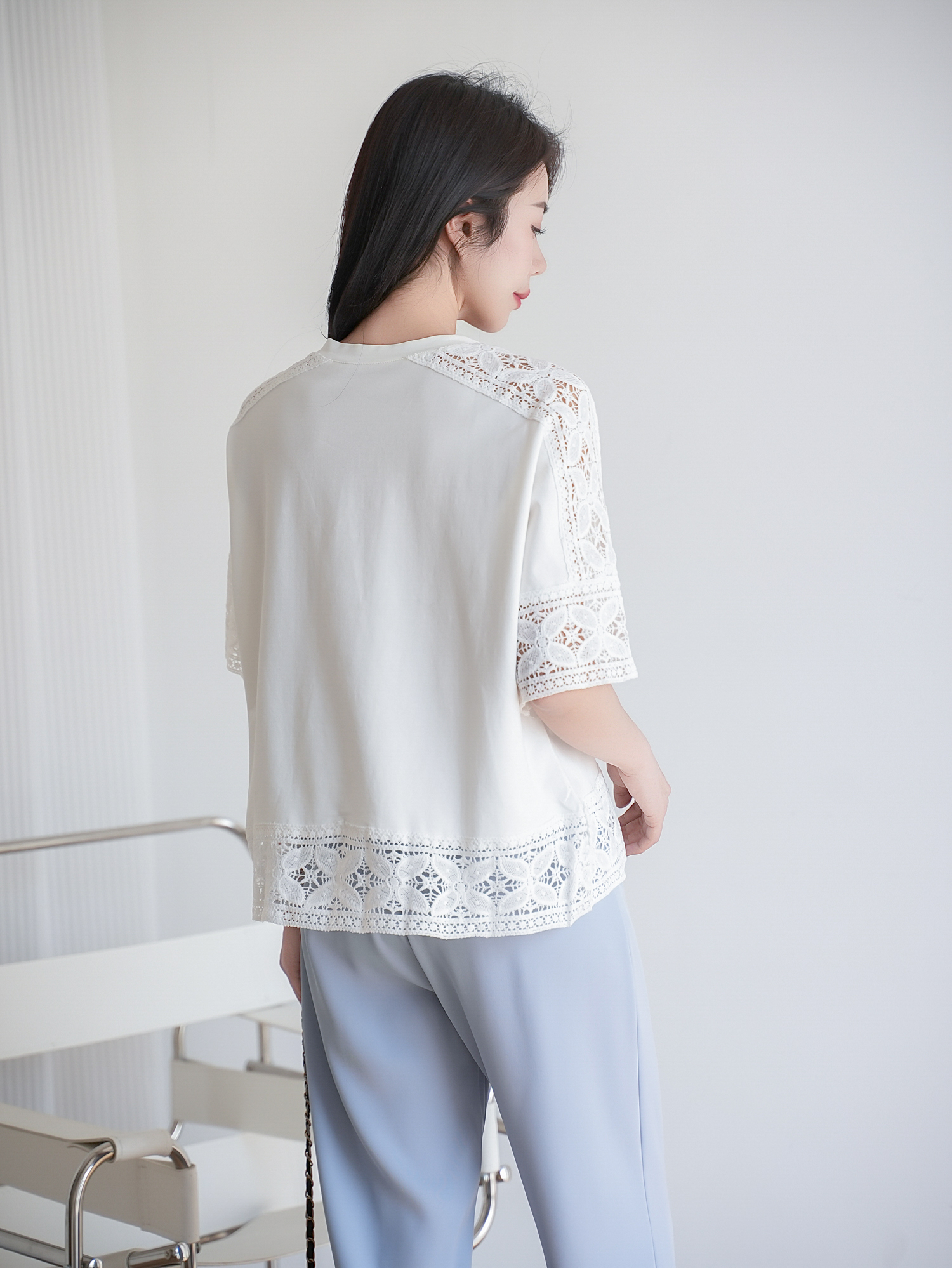 鏤空蕾絲五分袖上衣,evaviva,8C-MV7437,鏤空蕾絲五分袖上衣,領500,999免運