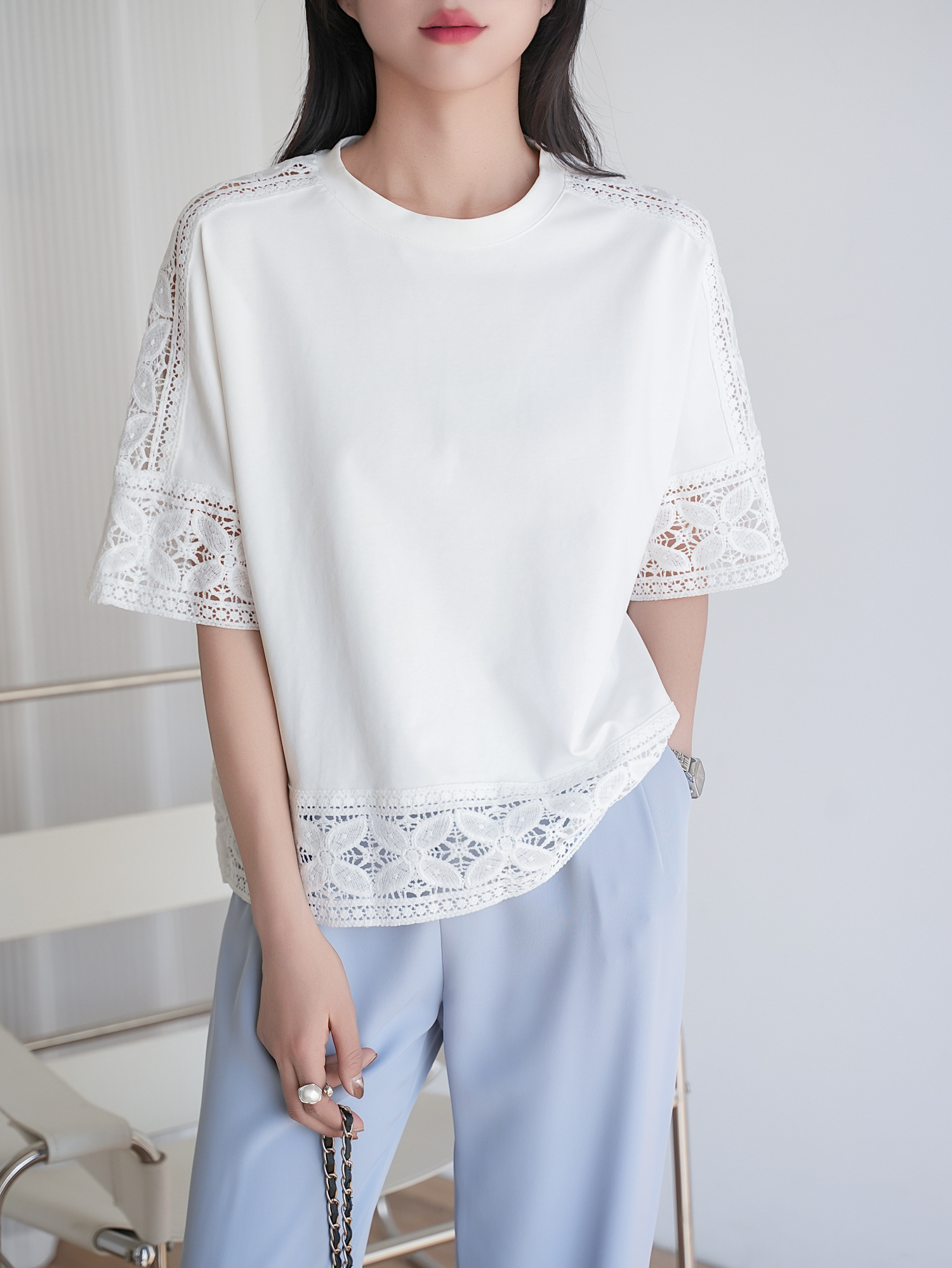 鏤空蕾絲五分袖上衣,evaviva,8C-MV7437,鏤空蕾絲五分袖上衣,領500,999免運
