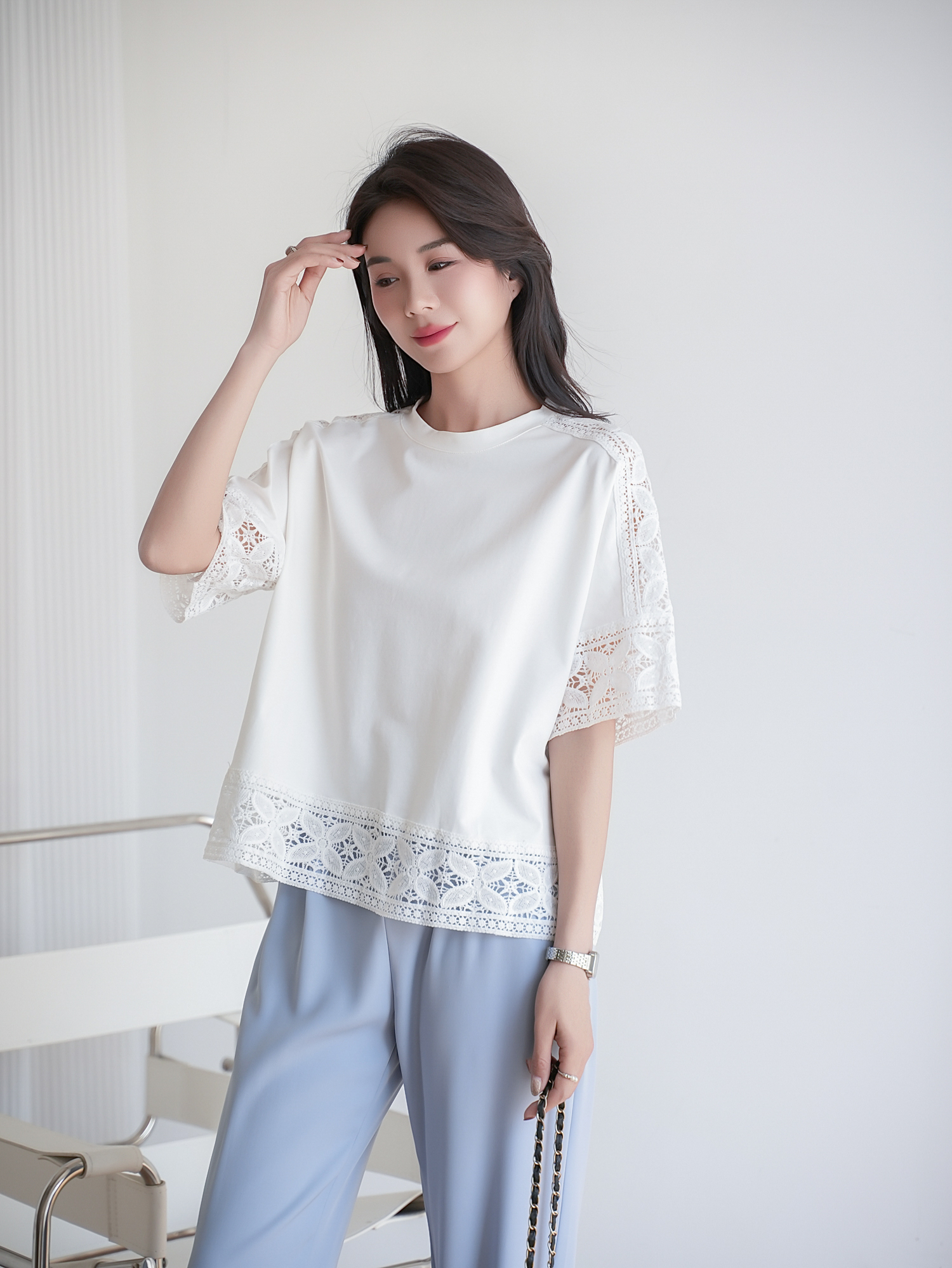 鏤空蕾絲五分袖上衣,evaviva,8C-MV7437,鏤空蕾絲五分袖上衣,領500,999免運