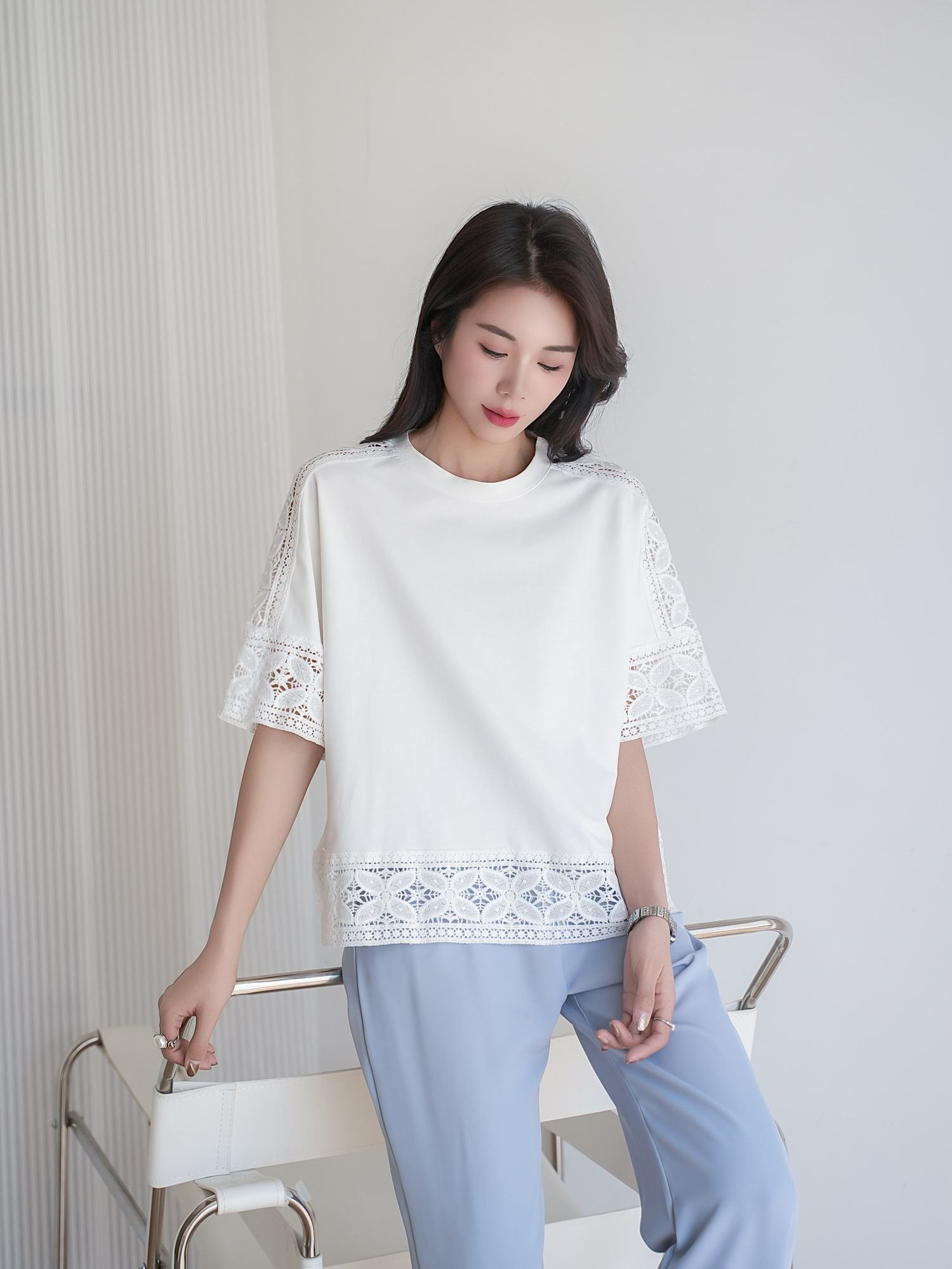鏤空蕾絲五分袖上衣,evaviva,8C-MV7437,鏤空蕾絲五分袖上衣,領500,999免運