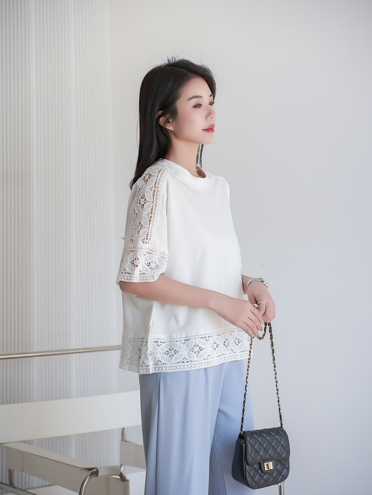 鏤空蕾絲五分袖上衣,evaviva,8C-MV7437,鏤空蕾絲五分袖上衣,領500,999免運