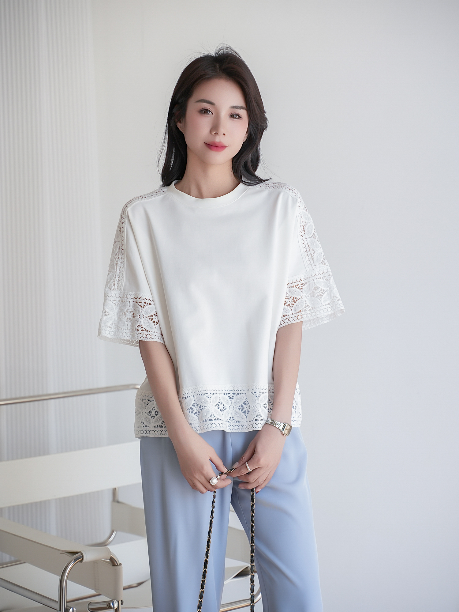 鏤空蕾絲五分袖上衣,evaviva,8C-MV7437,鏤空蕾絲五分袖上衣,領500,999免運