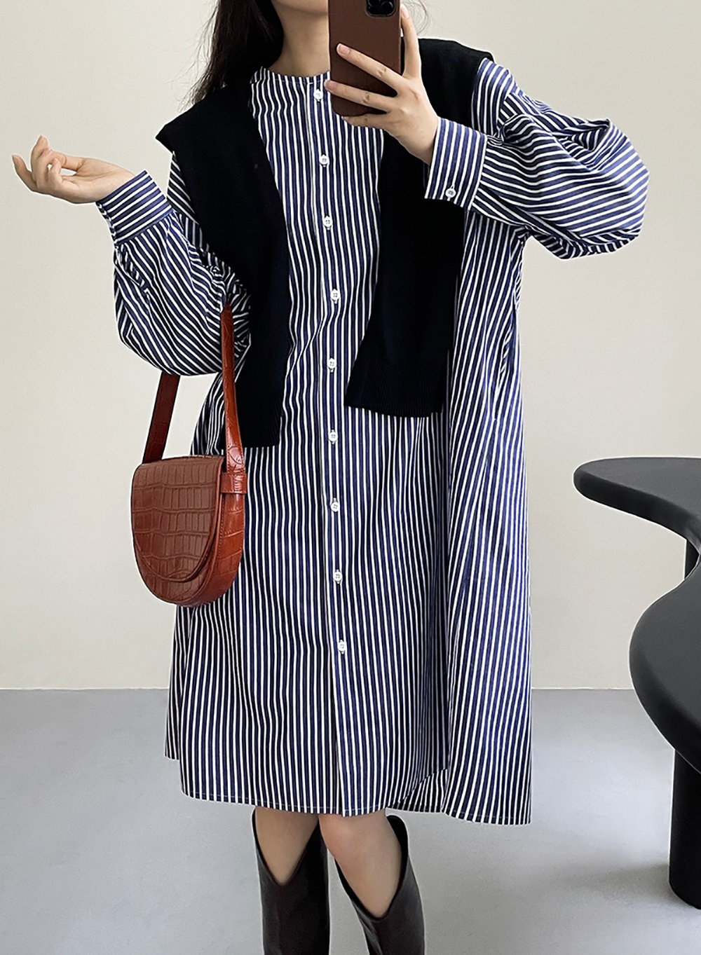 條紋圓領襯衫款洋裝,evaviva,8C-UR7444,條紋圓領襯衫款洋裝,領500,999免運