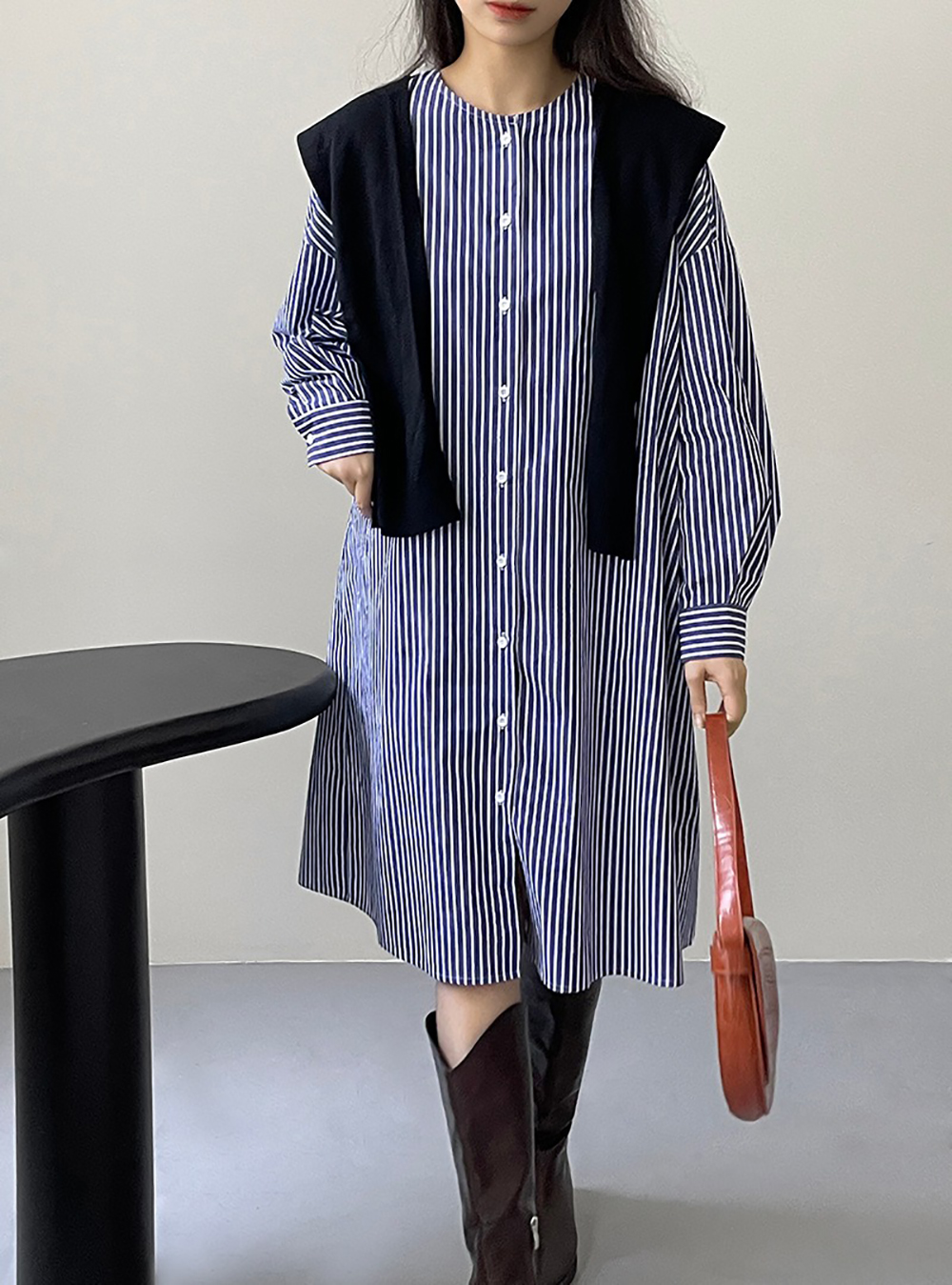 條紋圓領襯衫款洋裝,evaviva,8C-UR7444,條紋圓領襯衫款洋裝,領500,999免運