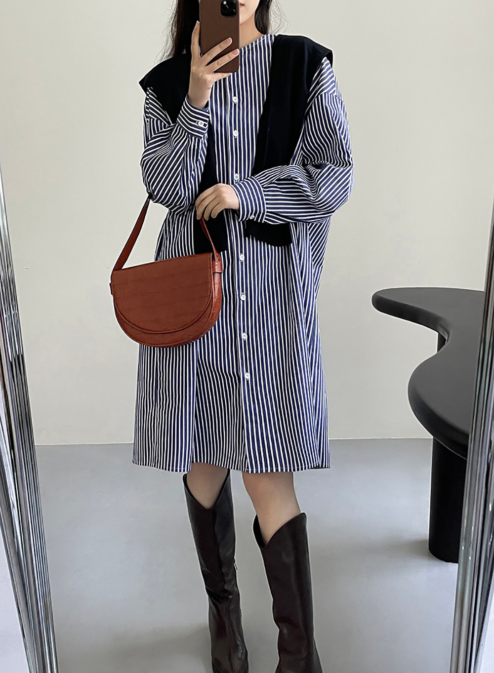 條紋圓領襯衫款洋裝,evaviva,8C-UR7444,條紋圓領襯衫款洋裝,領500,999免運