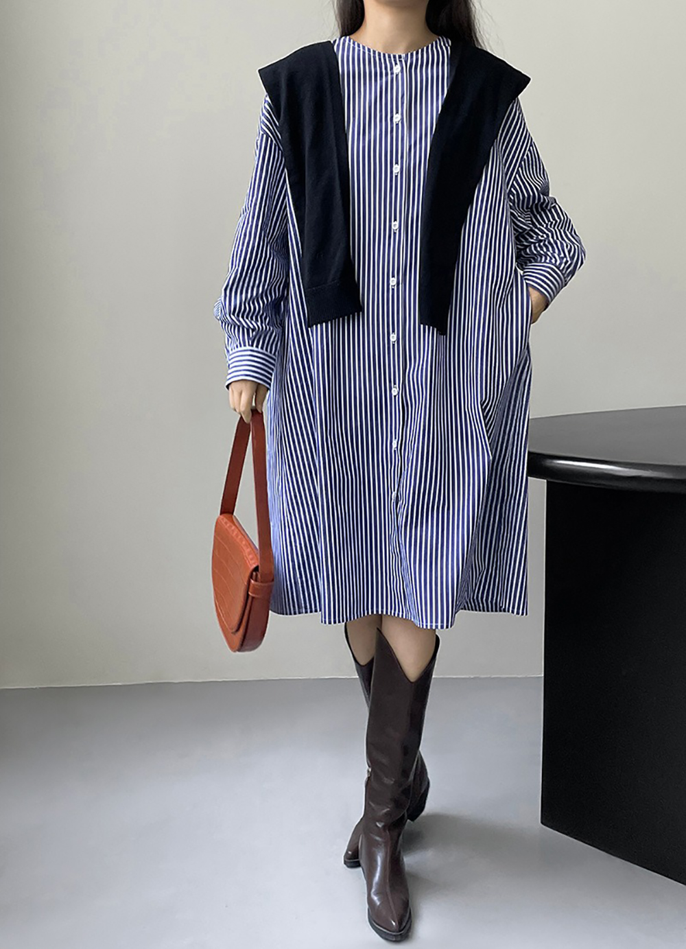 條紋圓領襯衫款洋裝,evaviva,8C-UR7444,條紋圓領襯衫款洋裝,領500,999免運