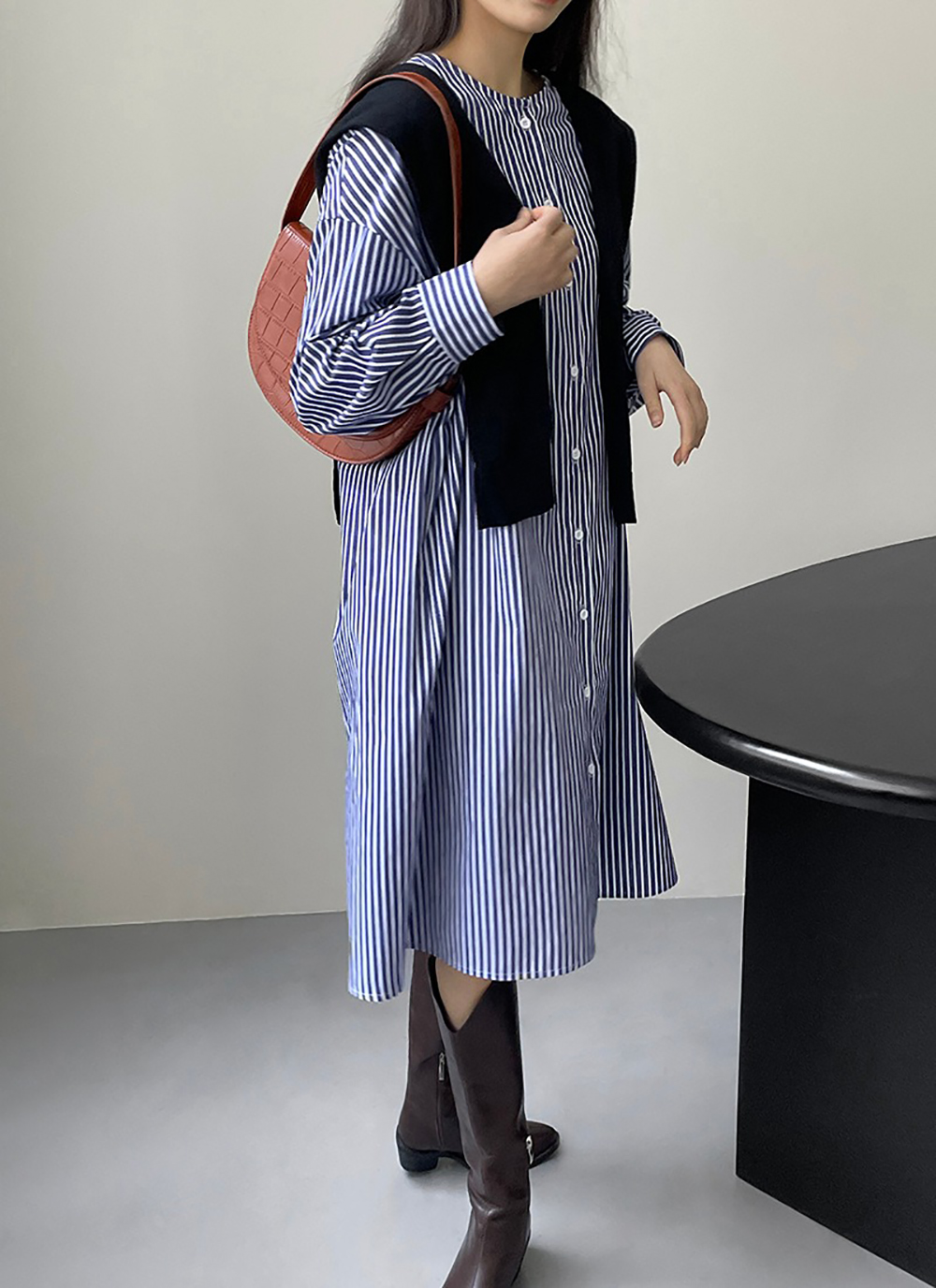 條紋圓領襯衫款洋裝,evaviva,8C-UR7444,條紋圓領襯衫款洋裝,領500,999免運
