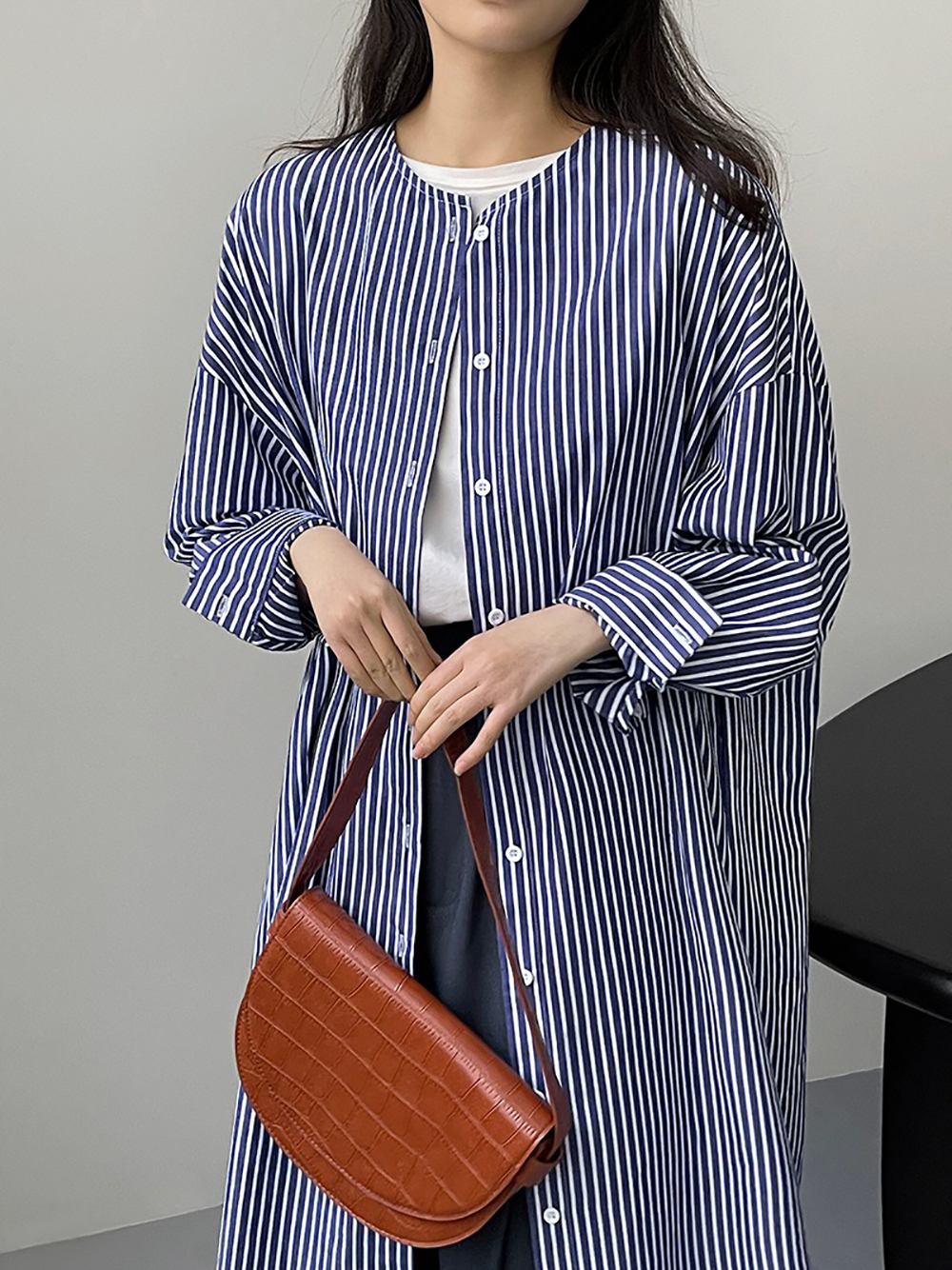 條紋圓領襯衫款洋裝,evaviva,8C-UR7444,條紋圓領襯衫款洋裝,領500,999免運