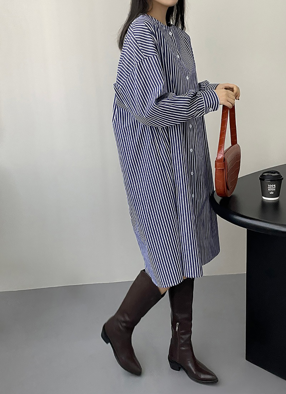 條紋圓領襯衫款洋裝,evaviva,8C-UR7444,條紋圓領襯衫款洋裝,領500,999免運