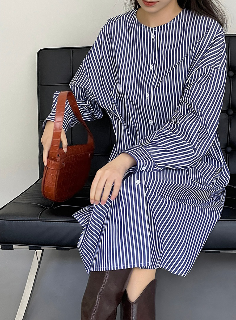 條紋圓領襯衫款洋裝,evaviva,8C-UR7444,條紋圓領襯衫款洋裝,領500,999免運