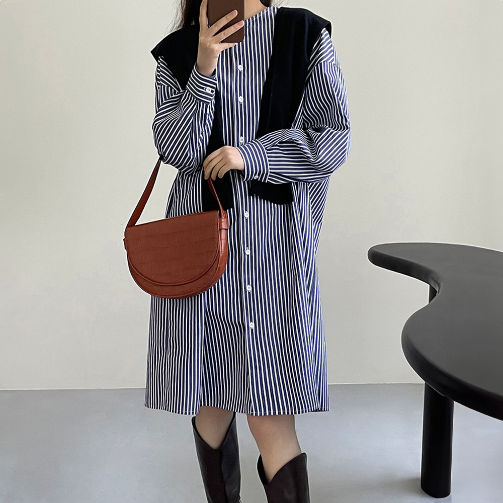 條紋圓領襯衫款洋裝