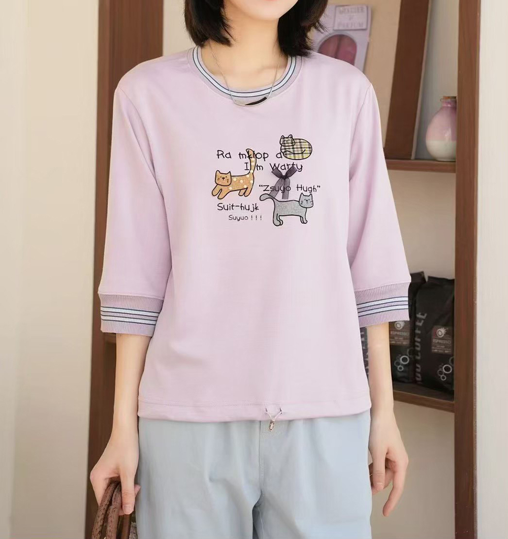 貓咪圖案撞色條紋上衣,evaviva,99-AL7430,貓咪圖案撞色條紋上衣,領500,999免運