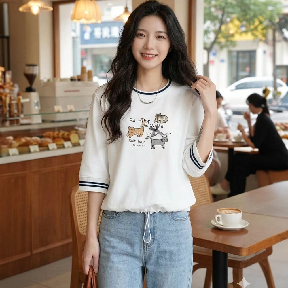 貓咪圖案撞色條紋上衣
