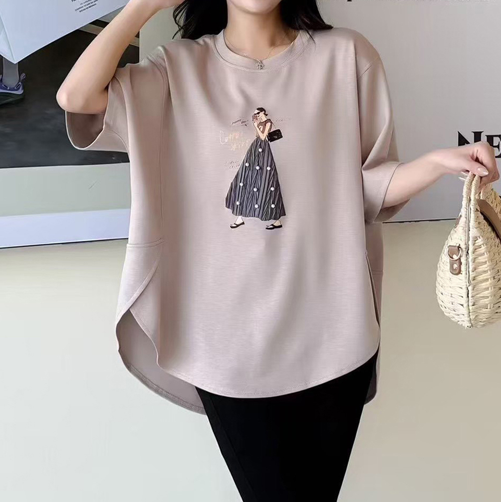 前短後長開衩印花上衣