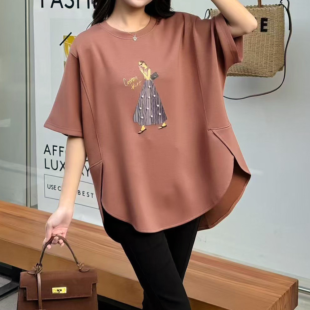 前短後長開衩印花上衣