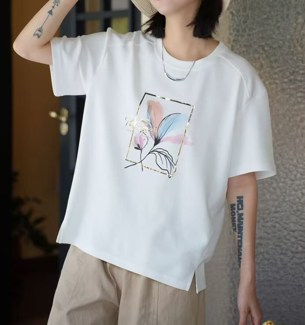 花卉金框印花開衩上衣,evaviva,99-AL7432,花卉金框印花開衩上衣,領500,999免運