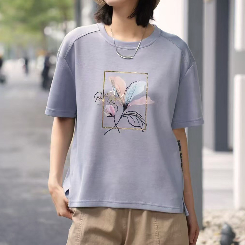 花卉金框印花開衩上衣