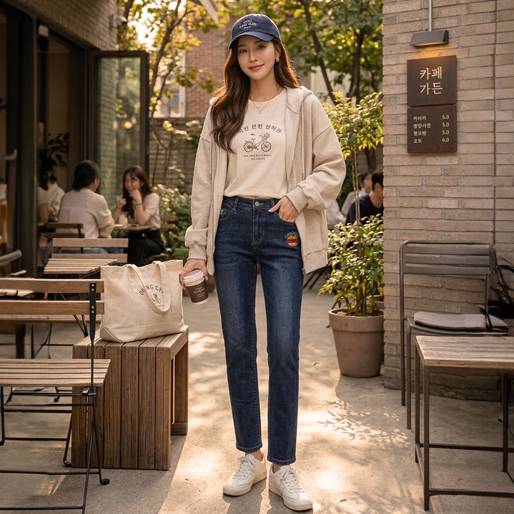 休閒刺繡錐形牛仔長褲