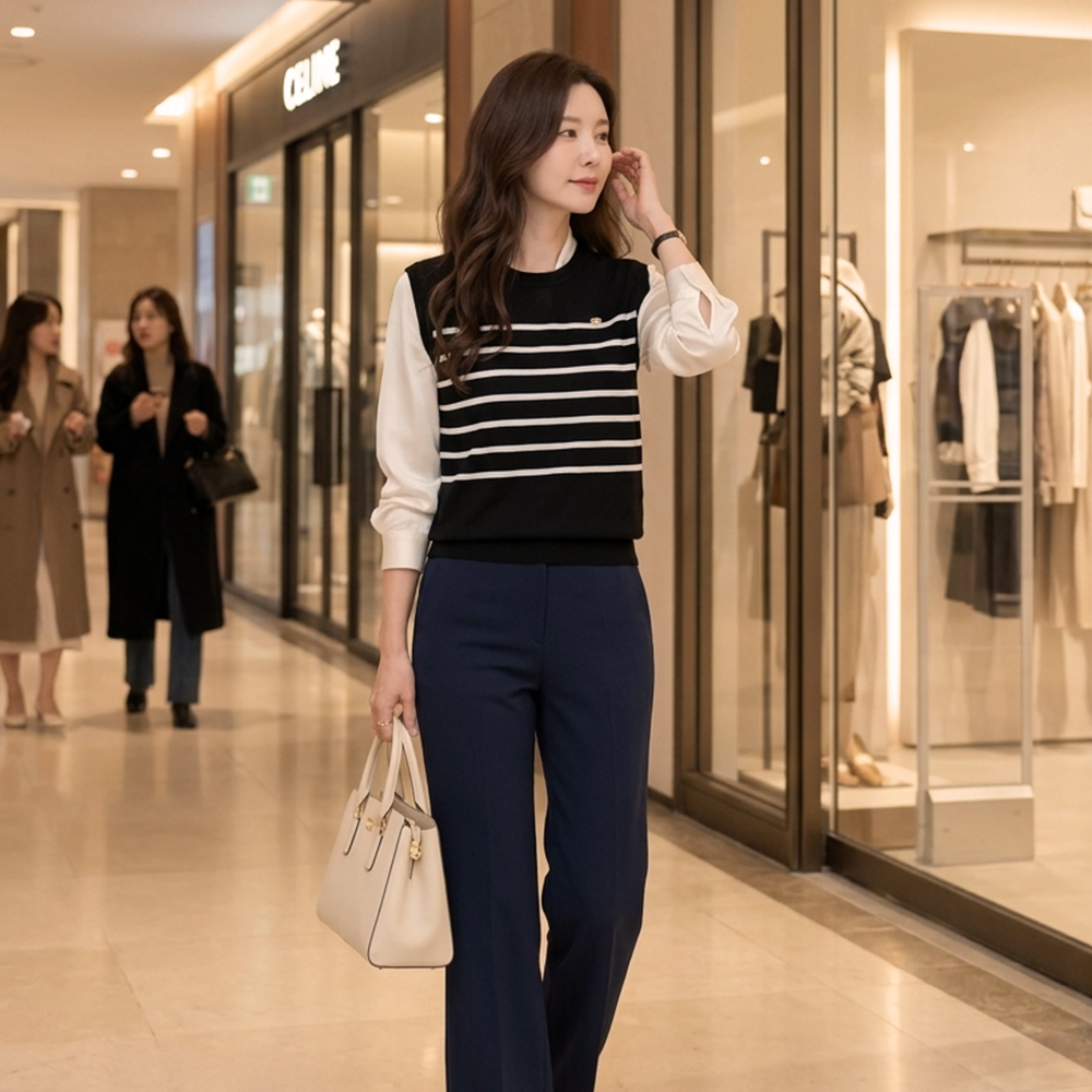 輕薄微透圓領條紋背心