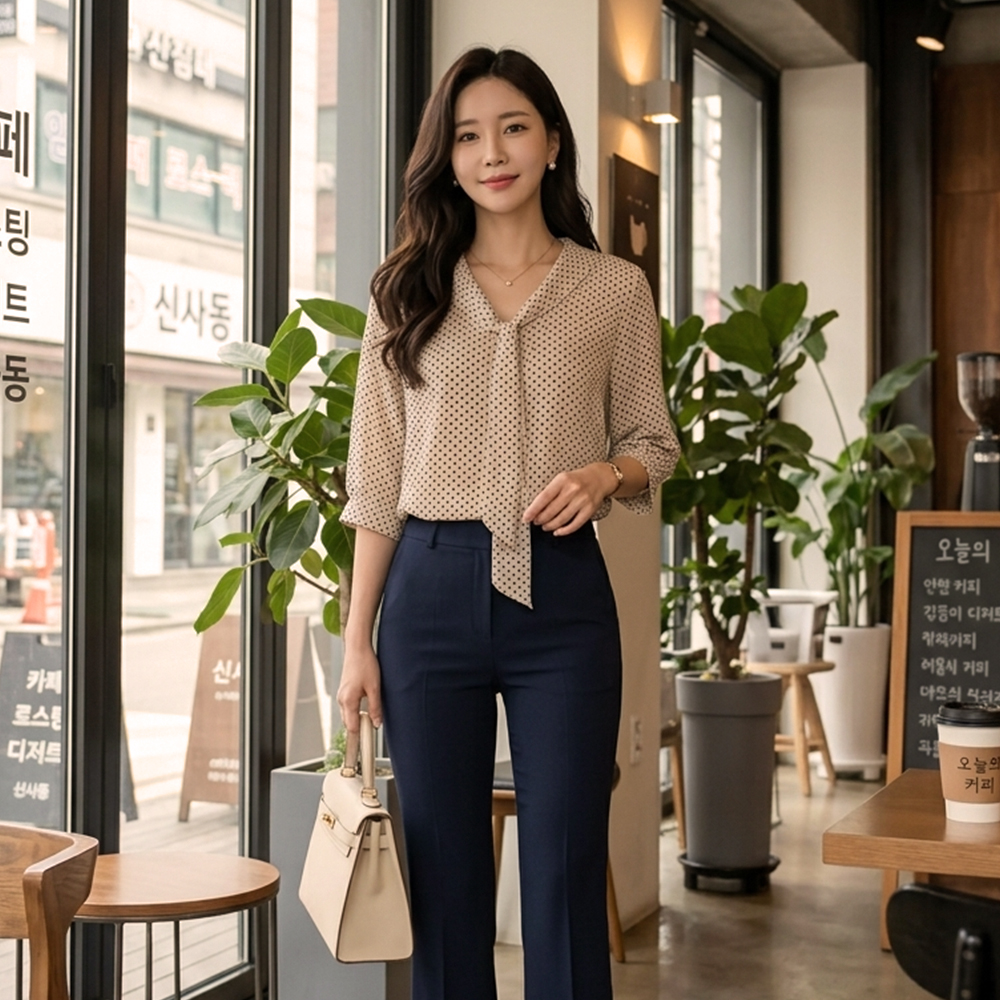 優雅領結點點雪紡上衣