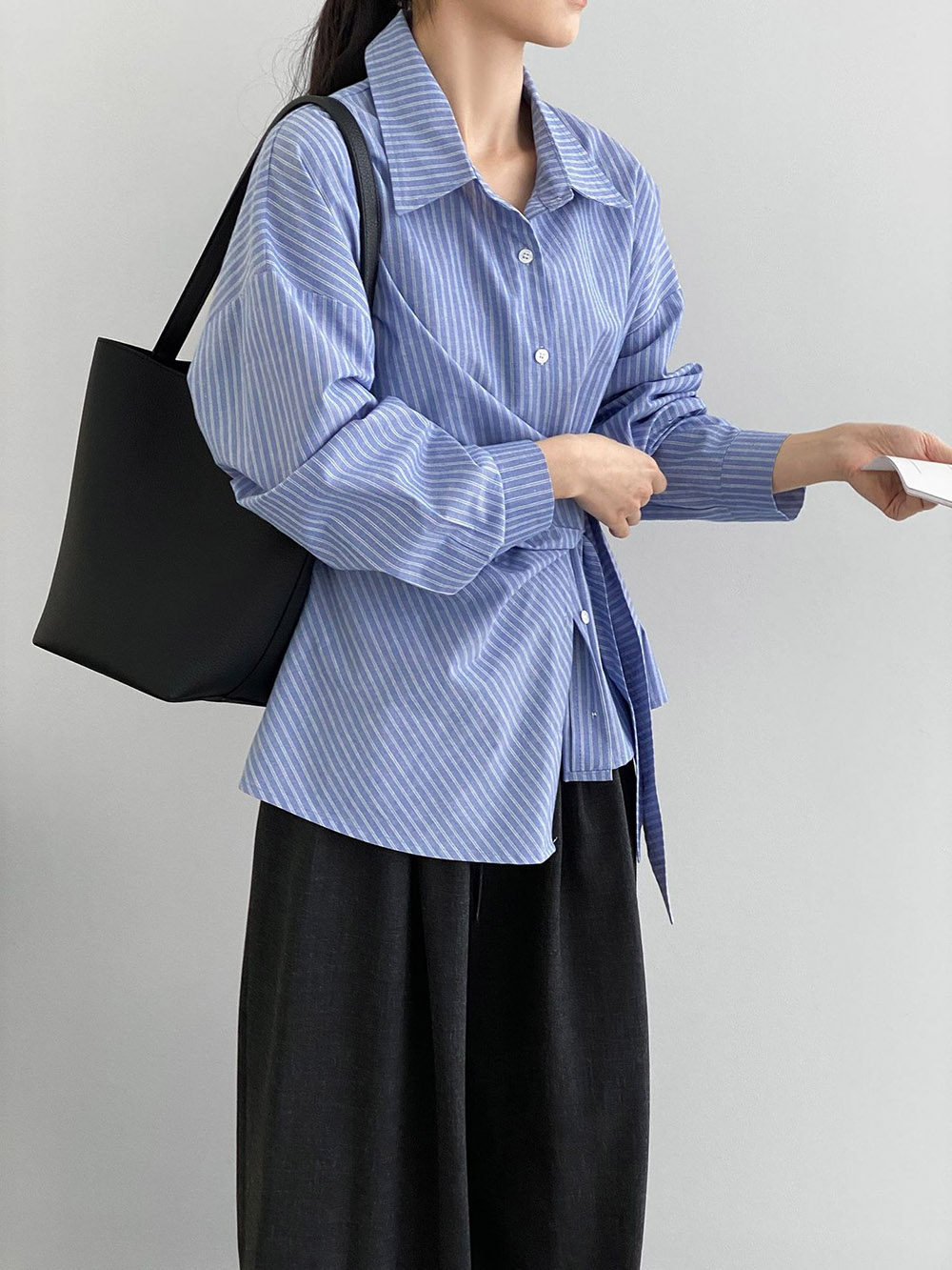 不規則綁帶條紋襯衫,evaviva,8C-FB7487,不規則綁帶條紋襯衫,領500,999免運