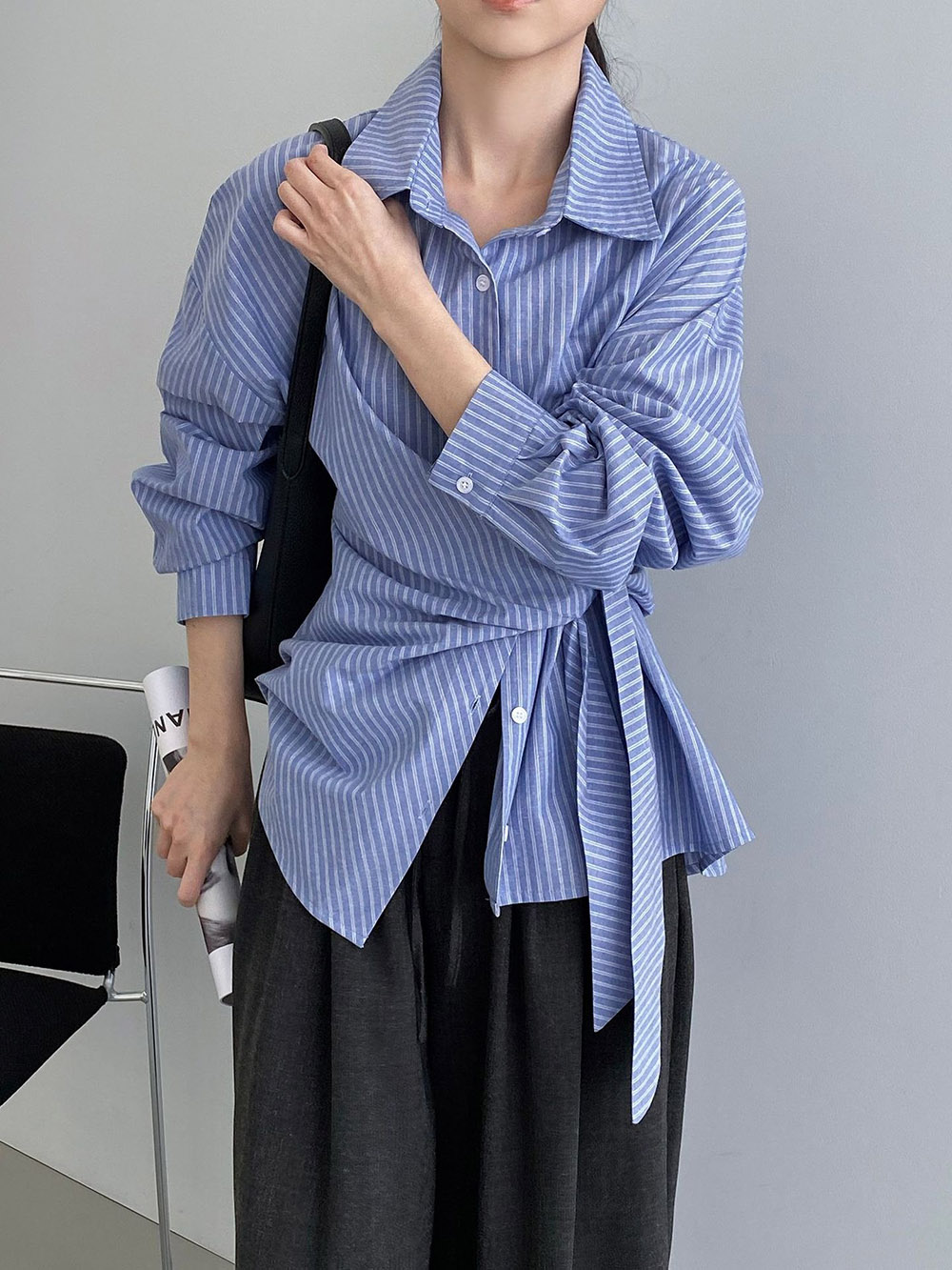 不規則綁帶條紋襯衫,evaviva,8C-FB7487,不規則綁帶條紋襯衫,領500,999免運