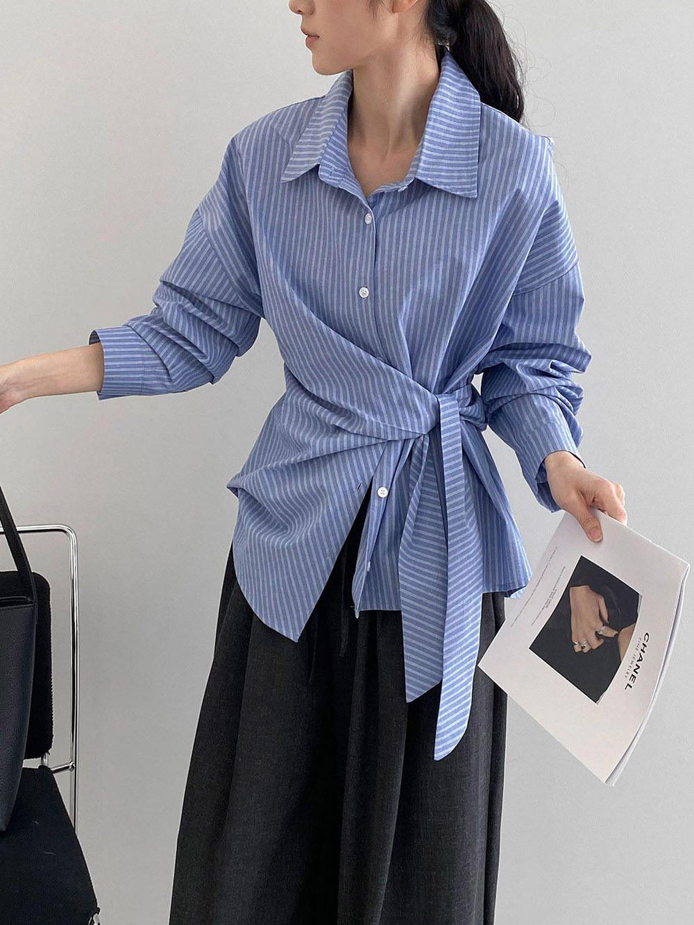 不規則綁帶條紋襯衫,evaviva,8C-FB7487,不規則綁帶條紋襯衫,領500,999免運