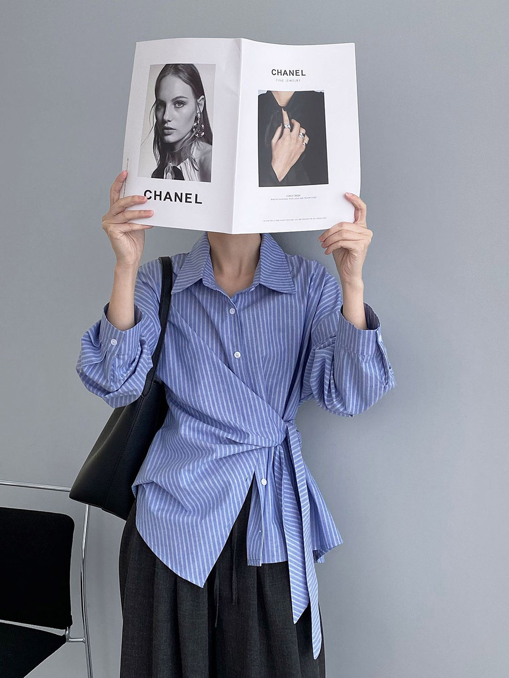 不規則綁帶條紋襯衫,evaviva,8C-FB7487,不規則綁帶條紋襯衫,領500,999免運