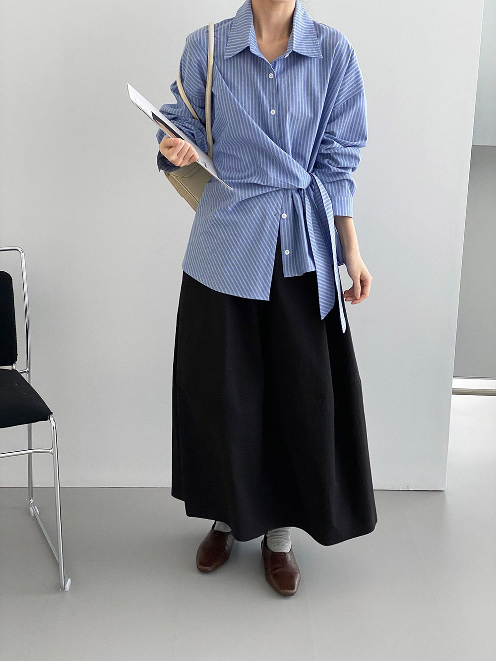 不規則綁帶條紋襯衫,evaviva,8C-FB7487,不規則綁帶條紋襯衫,領500,999免運