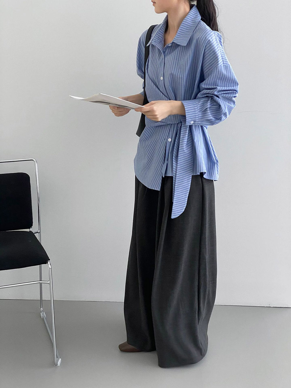 不規則綁帶條紋襯衫,evaviva,8C-FB7487,不規則綁帶條紋襯衫,領500,999免運