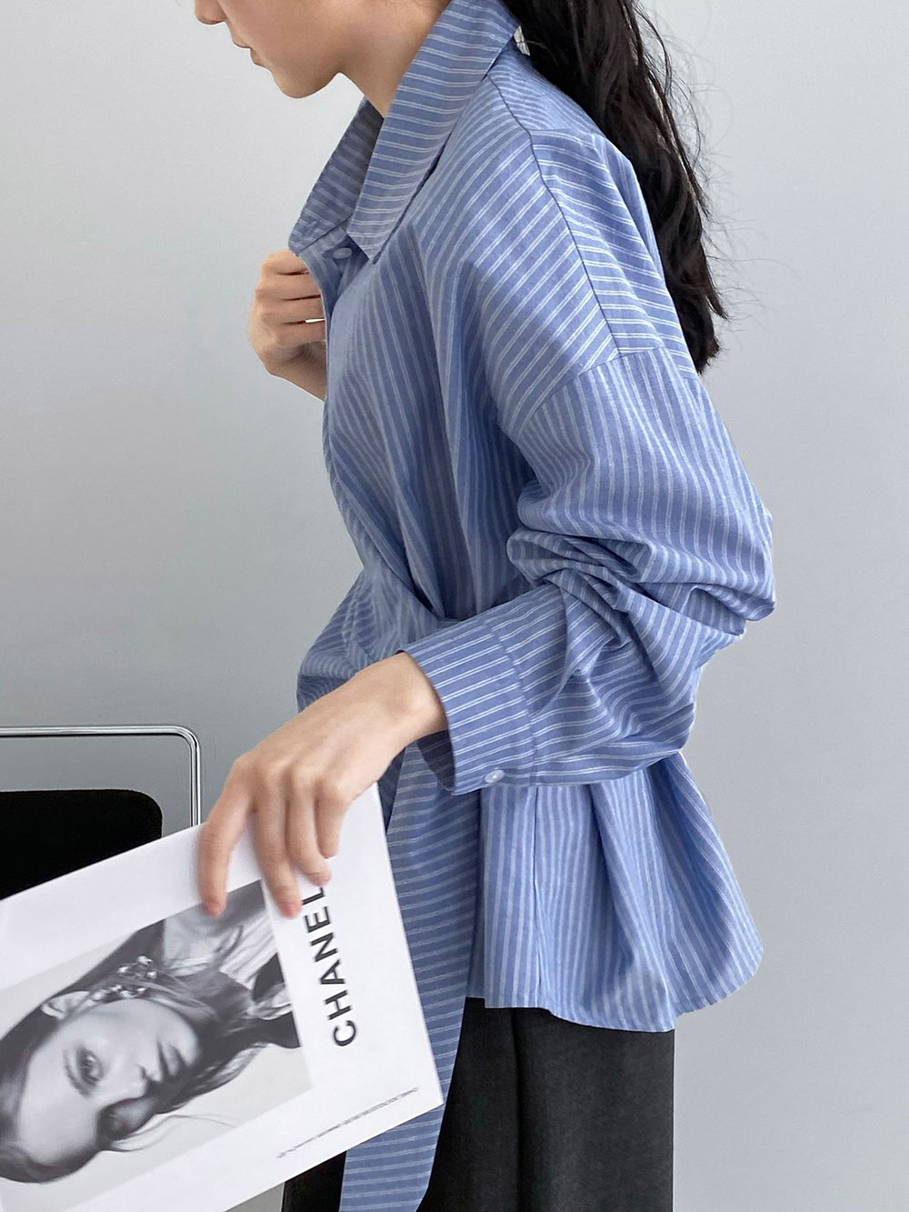 不規則綁帶條紋襯衫,evaviva,8C-FB7487,不規則綁帶條紋襯衫,領500,999免運