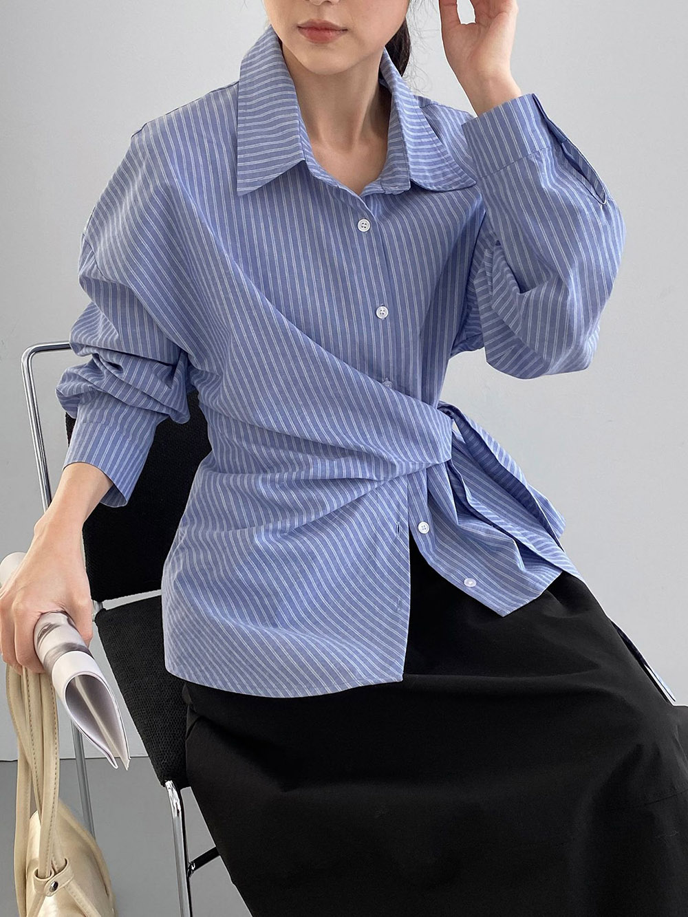 不規則綁帶條紋襯衫,evaviva,8C-FB7487,不規則綁帶條紋襯衫,領500,999免運