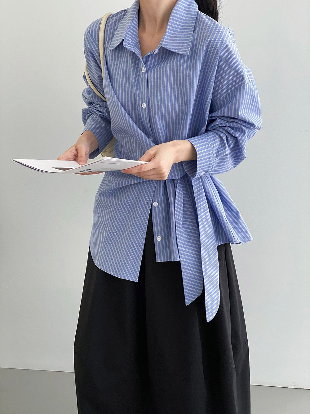 不規則綁帶條紋襯衫,evaviva,8C-FB7487,不規則綁帶條紋襯衫,領500,999免運